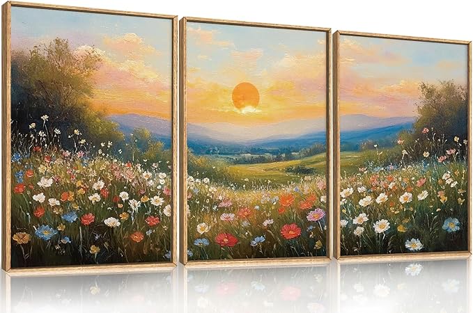 HOURIA Boho Sunrise Wildflower Framed Canvas Wall Art Set,Watercolour Nature Inspired Landscape Wall Decor,Colorful Floral Scenery Artwork,Modern Art Prints for Living Room,Bedroom,Farmhouse-24"x36"x3