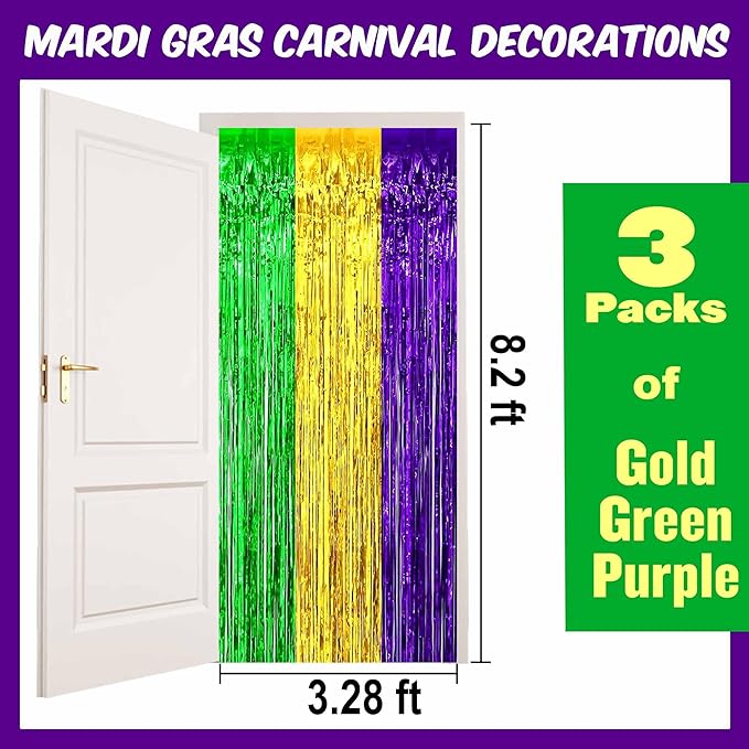 3 Pack Gold Green Purple Foil Fringe Curtains Backdrop, 3.28 x 8.2 Ft Metallic Streamers Tinsel Curtains Background for Photo Booth, Birthday, Halloween, Christmas, New Year Party Decorations