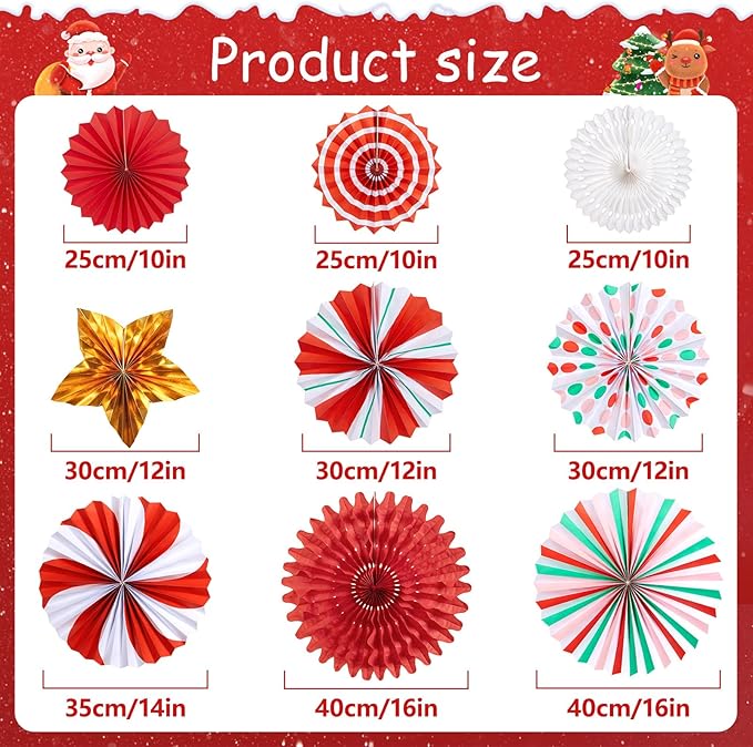 OBBOLO Christmas Paper Fans, Christmas Paper Decorations, Hanging Xmas Decorations in Gold, Red, White and Peppermint Candy Theme Honeycomb Decorations