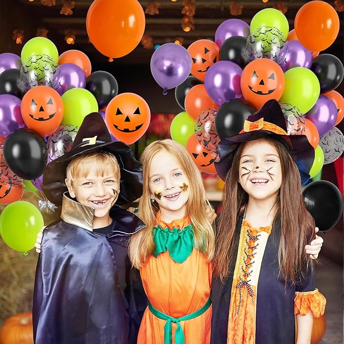 Halloween Party Balloons, Black Orange Green Purple Party Balloons, Metallic Purple Balloon Bat Pumpkin Head Printed Balloon for Halloween Birthday Baby Shower Home Garden Party Decoration