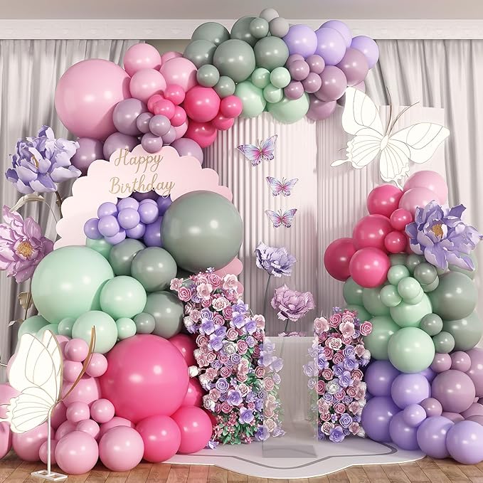 Fairy Theme Balloons Arch Pastel Pink Purple Green Balloons Garland Dusty Green Retro Hot Pink Latex Balloon for Girls Birthday Garden Wildflower Fairy Tea Party Baby Shower Woodland Decorations