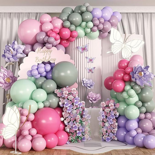Fairy Theme Balloons Arch Pastel Pink Purple Green Balloons Garland Dusty Green Retro Hot Pink Latex Balloon for Girls Birthday Garden Wildflower Fairy Tea Party Baby Shower Woodland Decorations
