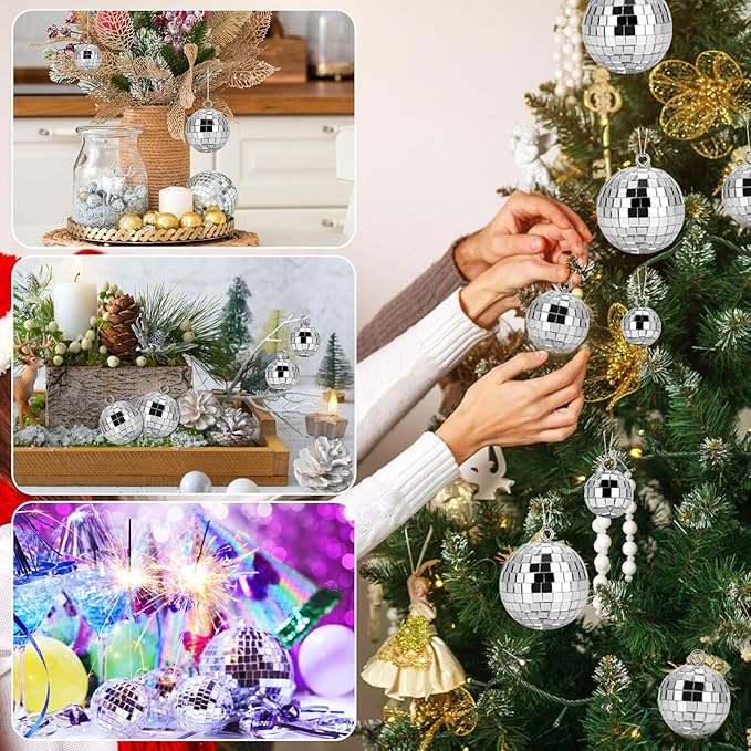 40 Pcs Disco Balls with Rope, 5 Sizes Mini Disco Ball Decor Ornaments, Small MirrorBall Different Sizes Silver Decorations for Halloween DIY Christmas Tree Topper Music Prom Party Wedding
