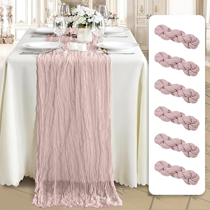Cheesecloth Table Runner 6 Pack – 35x120 Inch (10ft) Boho Rustic Gauze Cloth Runners – Crinkle Polyester Table Decor for Wedding, Baby Shower, Bridal Shower, Birthday Party and More (Dusty Pink)