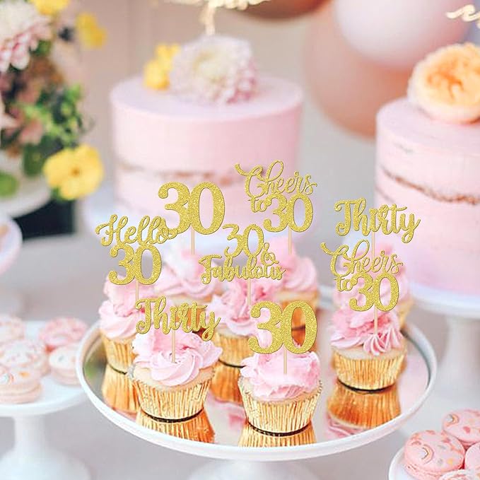 30PCS Happy 30th Birthday Cupcake Toppers Glitter Thirty Cheers to 30 Years Old Birthday Cupcake Picks Hello 30 Fabulous Cake Decorations for Happy 30th Birthday Anniversary Party Supplies Gold