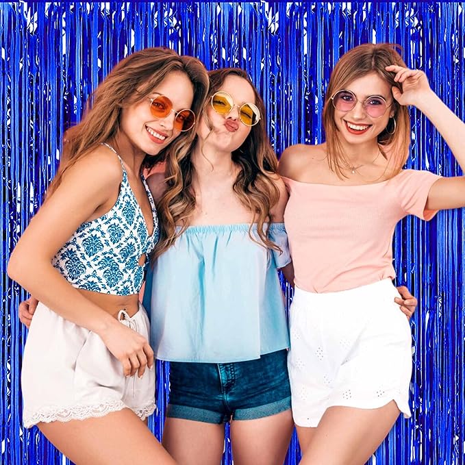 3 Pack Black Blue Foil Fringe Curtains Backdrop, 3.28 x 6.6 Ft Metallic Streamers Tinsel Curtains Background for Photo Booth, Carnivals, Birthdays, Weddings, Thanksgiving, New Year Party Decorations