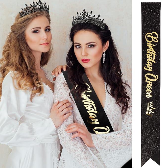 Velscrun Black Crystal Birthday Queen Tiara Crown for Women Girls Birthday Queen Headband Sash Elegant Princess Crown with Combs Hair Accessories Happy Birth Party Decorations Mom Birth Gift