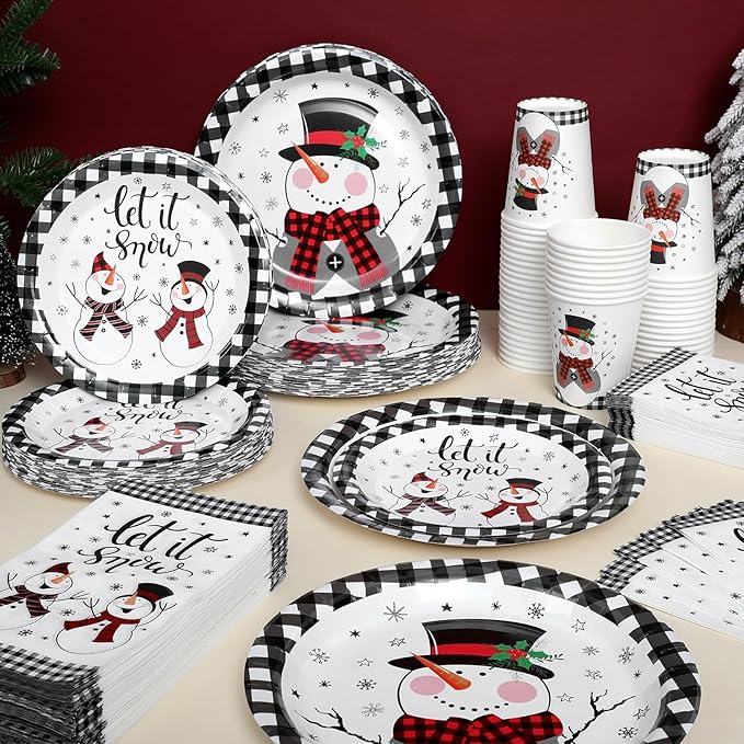 250 Pcs Christmas Snowman Paper Plates and Napkins Party Supplies White Black Buffalo Plaid Winter Disposable Tableware Set for Christmas Winter Holiday Xmas Party Decoration