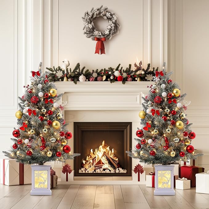 GarveeHome 3FT Prelit Christmas Tree with 78 Warm Lights & Red Berry, Artificial Xmas Trees with Elk Light Box Base, for Home, Office, Fireside Christmas Decoration, Set of 1