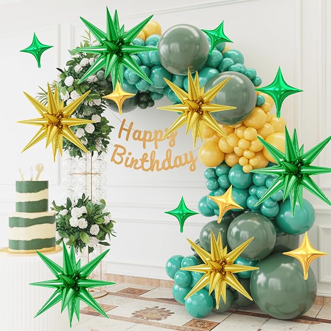 18 Pcs Green Gold Star Balloons, Gold and Green Balloon with 6 Pcs 22-Inch Explosion Star Balloons 12Pcs 10-Inch Four Pointed Stars Foil Balloon for Anniversary Disco Birthday Party Decorations
