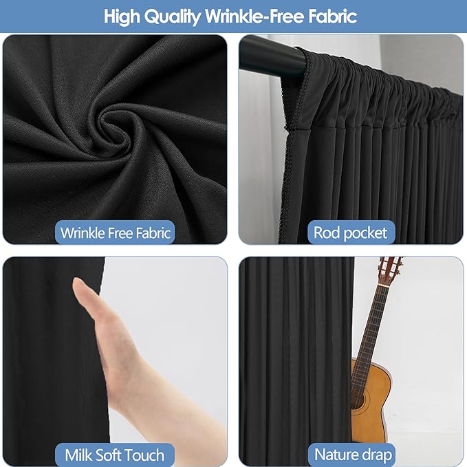 30x10ft Wrinkle Free Black Backdrop Curtain for Parties Soft Fabric Drapes Wedding Black Curtain Backdrop for Birthday Party Decorations Background for Photography 5x10ft, 6 Panels