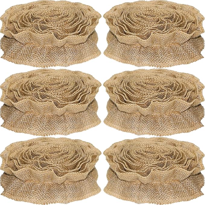 Jishi Burlap Ribbon Garland Christmas Decorations for Tree 9 Ft x 6-Rolls Burlap Bulletin Board Borders for Classroom Decor, Brown Farmhouse Boho Ruffled Trims for Vintage Rustic Home Decor DIY Crafts