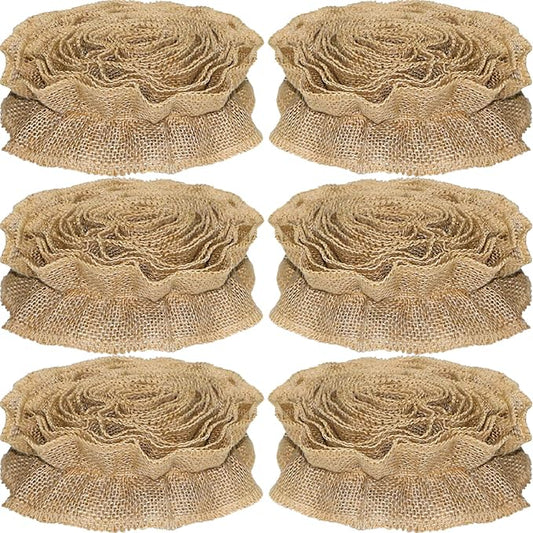 Jishi Burlap Ribbon Garland Christmas Decorations for Tree 9 Ft x 6-Rolls Burlap Bulletin Board Borders for Classroom Decor, Brown Farmhouse Boho Ruffled Trims for Vintage Rustic Home Decor DIY Crafts