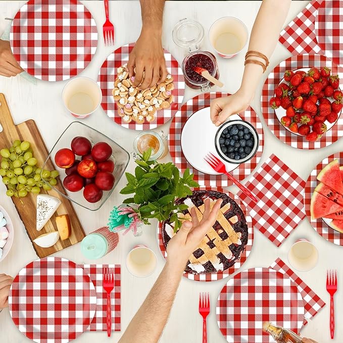 Red Gingham Plates and Napkins Party Supplies, Red and White Disposable Tableware Set, Checkered Plaid Paper Plates for Birthday Family Dinner Picnic Christmas Party Baby Shower Decor Serves 25