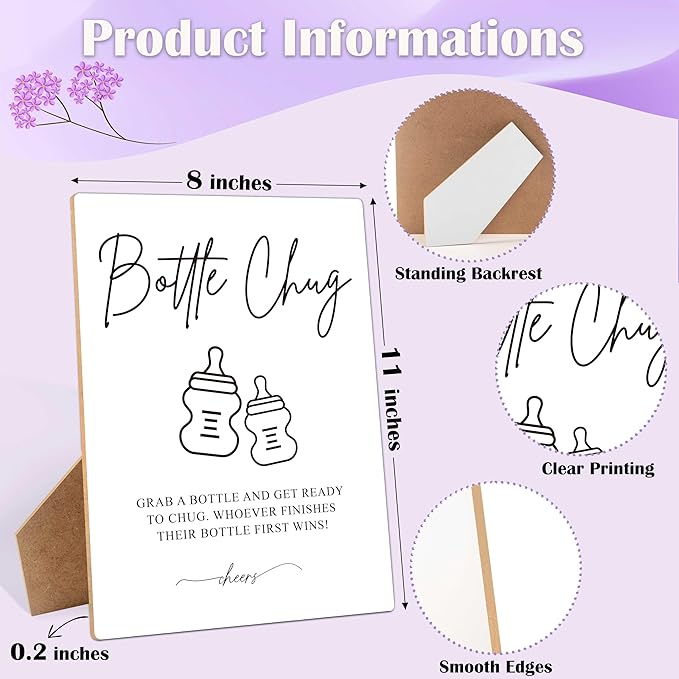 Baby Shower Game Bottle Chug Sign, 8×11 Inches Wooden Sign With Stand, Gender Neutral Tabletop Decor for Gender Reveal Party Decorations, Baby Shower Favor Supplies for Boy Girl-11