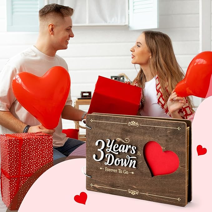 CY2SIDE 3 Years Anniversary Scrapbook - 111PCS 3 Years Down Wooden Photo Album Scrapbook Craft Kit Included Wood Cover Heart Puzzle Brown Paper Sticker and Template for DIY Dating Celebration Gift