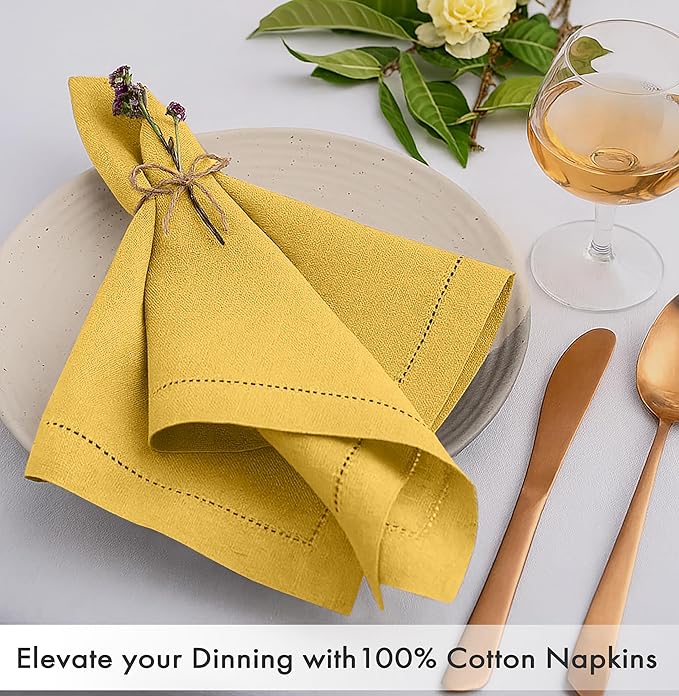 Ruvanti Cloth Napkins - 100% Cotton Dinner Napkins, Hem Stitched Corners, 18x18 Inch, 12 Pack - Soft, Absorbent, Durable, Reusable, Wrinkle Resistant for Formal Dining & Everyday Use - Spicy Mustard