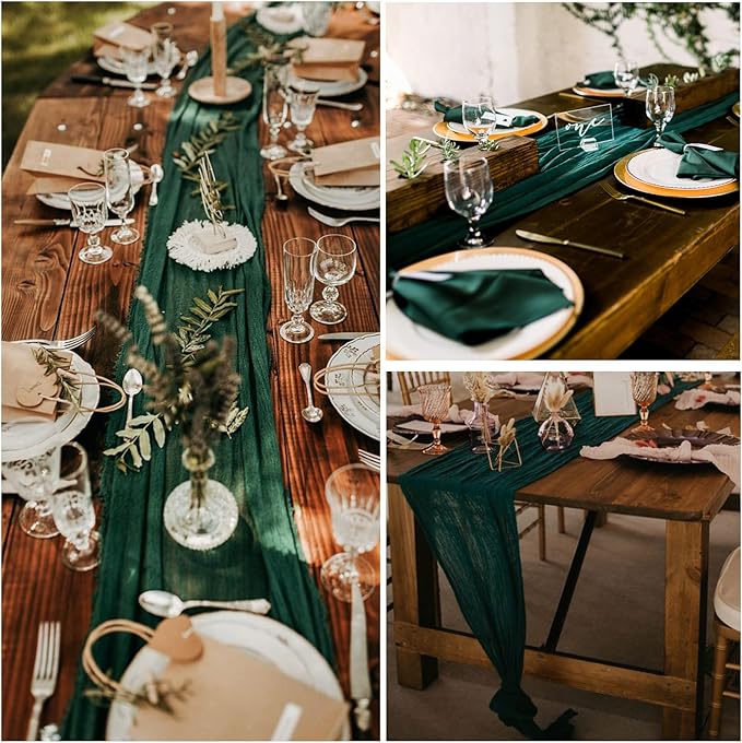 6 Pack Christmas Table Runner Emerald Green Cheesecloth Table Runner 10FT Boho Gauze Fabric 35 x 120 Inch Rustic Runner for Centerpiece Wedding Decor Baby Shower Party Table Decoration