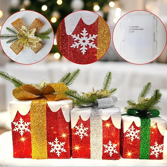 3 Pcs Christmas Lighted Gift Boxes with Bow 60 LED Battery Operated Pre-lit Present Box Decorations for Xmas Holiday Home Outdoor Yard