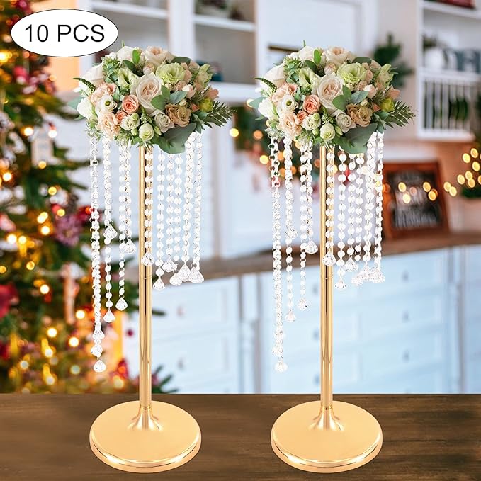 Wedding Centerpieces Gold Vases,10PCS Metal Flower Candle Holder with Sparkling Crystal Beads,Crystal Flower Vase Metal Flowers Stand for Party Tables Decorations (27.5in Gold-1)