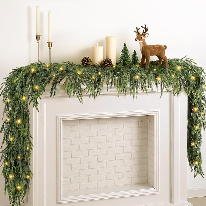 2Pcs Pre-lit Christmas Garland, 6FT Real Touch Lighted Norfolk Pine Garlands Battery Operated for Christmas Decorations with 35 LED RGB/WW String Lights, 8 Lighting Modes & Timer Function