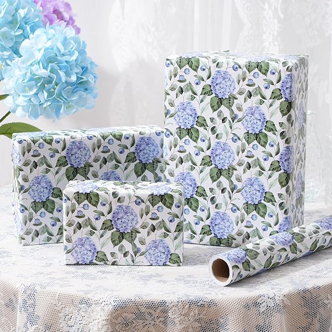 ZINTBIAL Hydrangea Floral Wrapping Paper Roll - Blue Watercolor Floral Design, 17 Inches x 16.5 Feet, Gift Wrap for Wedding, Bridal Shower, Birthday, Mother's Day, Cut Lines on Back