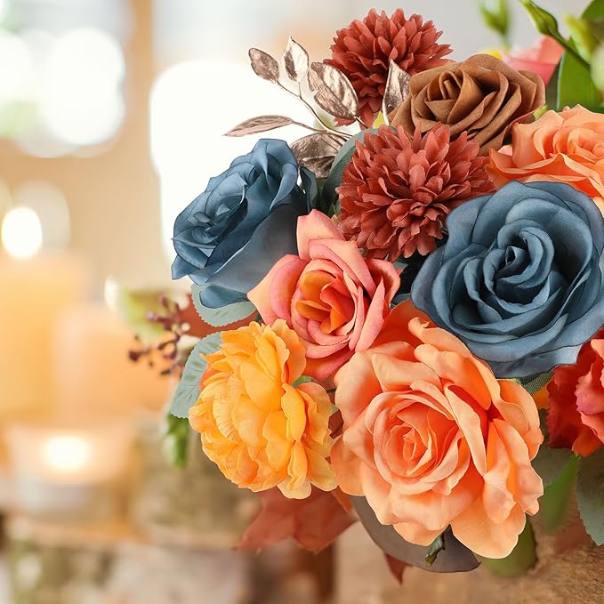 AGIRL Artificial Flowers Combo Silk Mix Purple Fake Flower with Stems for DIY Wedding Bouquets Centerpieces Arrangements Table Chair Decor Baby Shower Home Decor (Teal Orange)