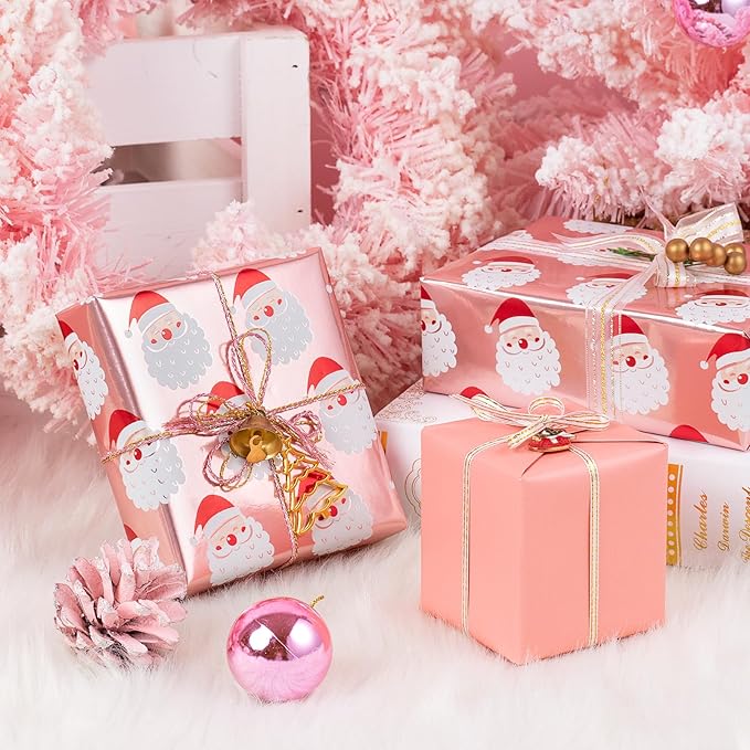 WRAPAHOLIC 30 Inch Jumbo Reversible Christmas Wrapping Paper - 30 Inch x 100 Feet Jumbo Roll Santa Claus Wrapping Paper and Solid Rose Gold Design with Metallic Foil Shine for Chrsitmas, Holiday