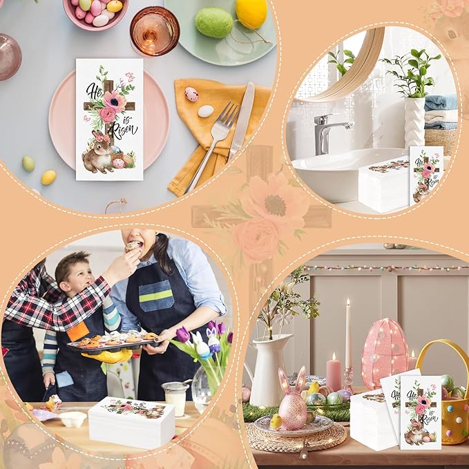 100Pcs He is Risen Napkins Disposable Easter Paper Napkins, Religious Bunny Cross Egg Flowers Spring Guest Napkins Hand Towels for Easter Decorative Dinner Kitchen Bathroom Home Party Supplies