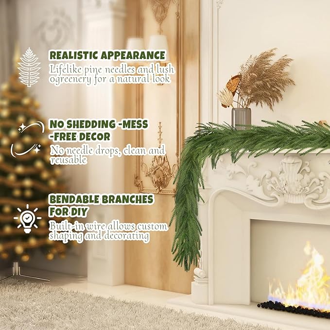 4 Pcs 6 Ft Artificial Norfolk Pine Garlands, Real Touch Norfolk Pine Garland, Realistic Natural Christmas Greenery for Table, Mantle, Wall, Indoor, Outdoor Holiday Decor (4, 6 FT)