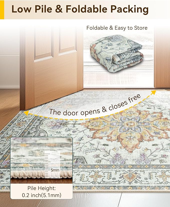 Area Rugs 2'x6' Washable Non-Slip, Floral Vintage Distress Print Pattern Medallion Carpet for Living Room Bedroom Dining Room, Light Yellow Carbon Grey Orange