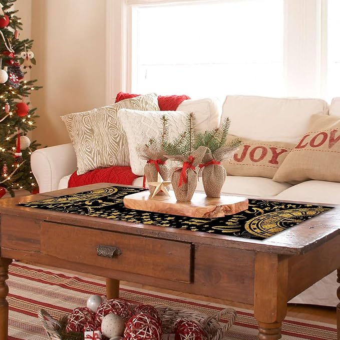 Seliem Happy New Year 2026 Table Runner, Black Gold Stars Clock Celebration Kitchen Dining Table Decor, Golden Fireworks Christmas Winter Home Decoration Indoor Outdoor Party Supply 13 x 36 Inches