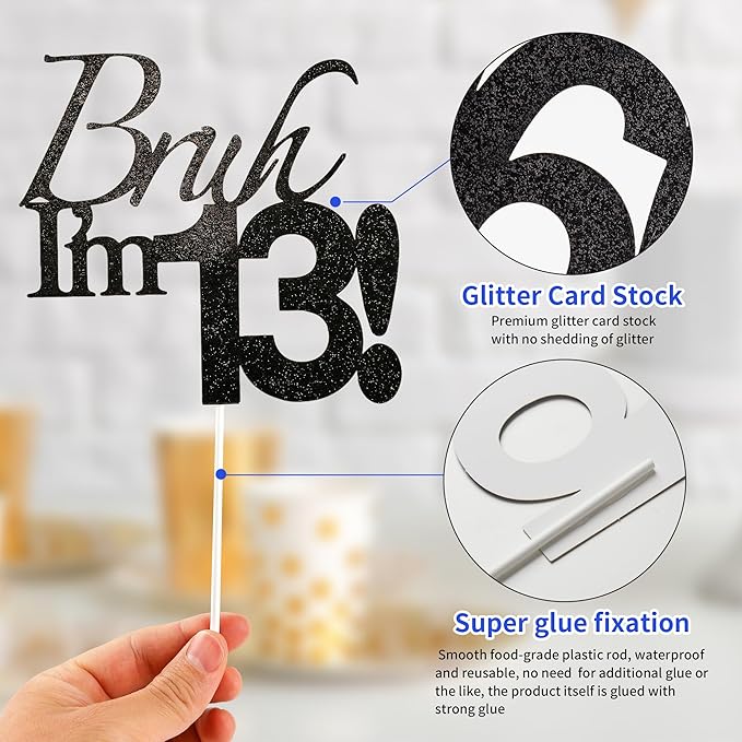 Bruh I'm 13 Cake Topper - Black Glitter Happy 13th Birthday Decorations for Boys Teens, Funny 13 Year Old Party Supplies, Bro I'm 13 Cake Decor (Bruh I'm 13！,13th)