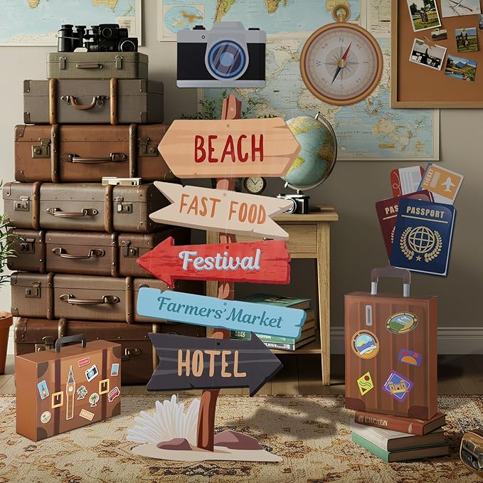 Tenceur 6 Pieces Travel Party Decorations Sets Adventure Signs 47.2 Inch Road Stand Cutouts Travel Around The World Suitcase Box Compass Passport Camera Sign for Photo Booth Props Party Supplies