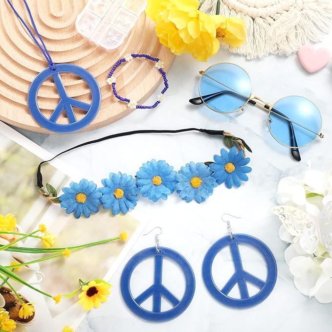 Batiyeer 6 Pcs Hippie Costume Accessories Set, Boho Peace Sign Daisy Flower 60s 70s Party Favors Decor for Groovy Party Women(Blue)