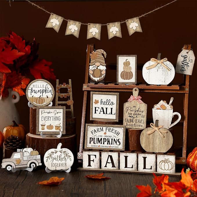 24 Pcs Thanksgiving Fall Tiered Tray Decoration Set Thanksgiving Table Sign Pumpkins Farmhouse Decor Gnome Maple Leaves Decorative Trays Harvest Wood Blocks Signs Block Tabletop for Autumn