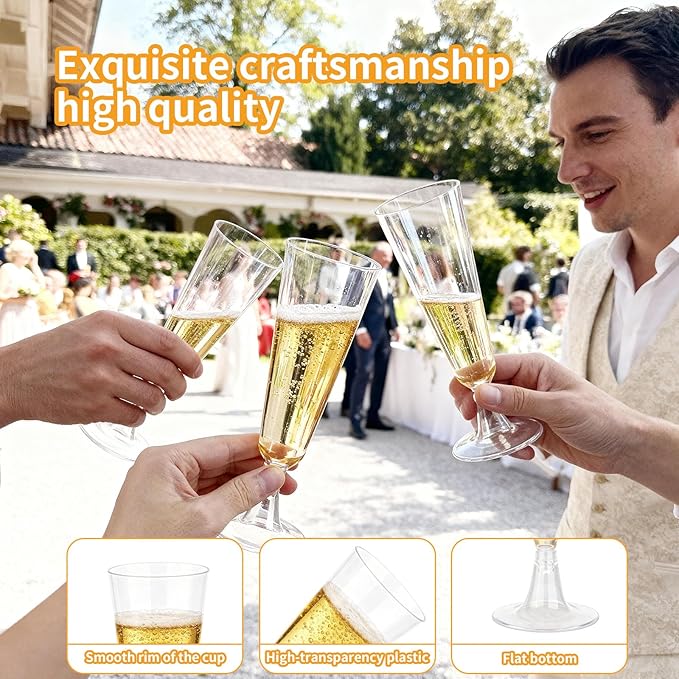 Plastic Champagne Flutes 50 Pack 5.5 Oz Plastic Champagne Glasses Disposable Mimosa Glasses Clear Unbreakable Toasting Cups for Wedding, Party, Birthday, New Years Eve Party Supplies(Pink & Clear)