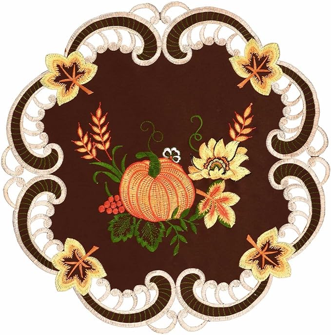 Simhomsen Embroidered Thanksgiving Harvest Pumpkins Brown Round Doily Placemats for Autumn or Fall Decorations (15 Inch Round Doily Set of 4)
