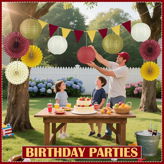 13Pcs Maroon and Gold Party Decorations, Burgundy and Gold Party Decorations Hanging Paper Lanterns Paper Fans for Graduation Baby Shower Birthday Thanksgiving Fall Decor