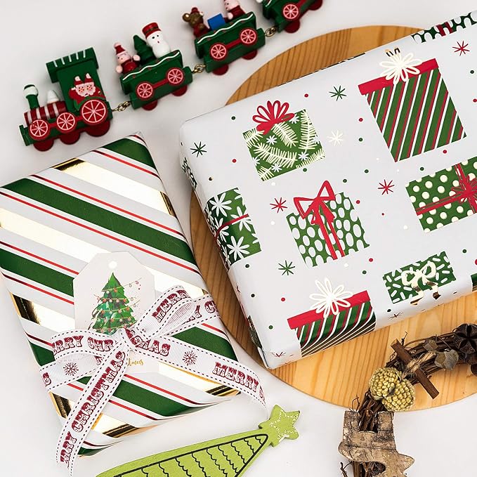 WRAPAHOLIC 30 Inch Green Christmas Wrapping Paper Roll - Jumbo Roll Green Holiday Set with Metallic Foil Shine - 4 Rolls - 30 Inch x 120 Inch Per Roll