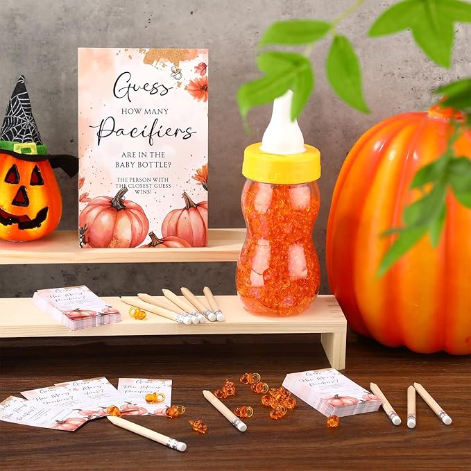 Roowest 512 Pcs Baby Shower Games Guess How Many Pacifiers Sign 100 Small Guessing Games 10 HB Pencils 750ml Milk Bottle 400 Acrylic Pacifiers Decoration for Guest Gender Reveal(Pink,Pumpkin)