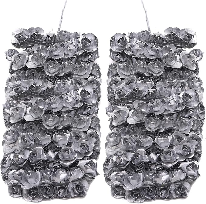 144pcs Mulberry Paper Mini Roses Artificial Flowers Heads with Stems for DIY Crafts Accessories Make Bridal Hair Clips Headbands Dress Wedding Bridal Bouquets Party Home Decor Valentine's (Silver)