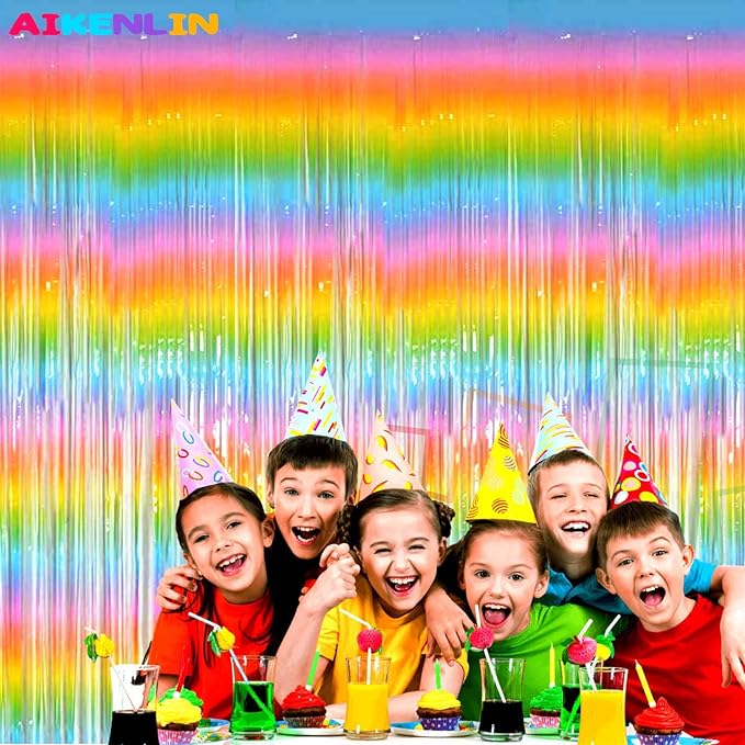 4 Pack 3.2Ft x 9.8Ft Macaron Rainbow Foil Fringe Curtain Backdrop, Foil Fringe Streamers Curtains for Party, Photo Booth Props, Birthday, Wedding, Christmas Party Decoration Supplies