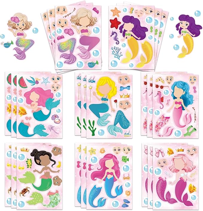 Make a Face Stickers - 32 Mermaid Sheets for Girls - Mermaid Birthday Party Favors - Kids Travel & Car Activities