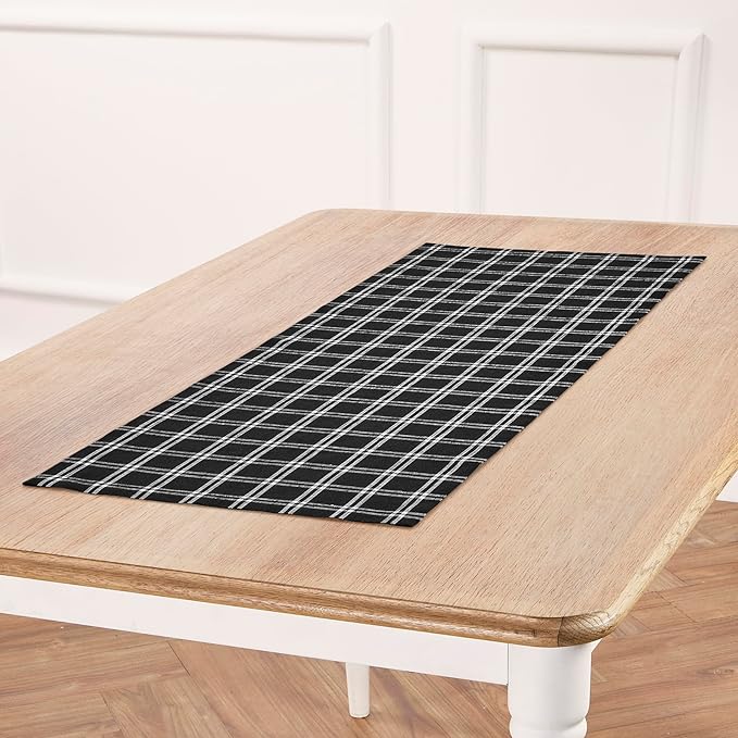 Solino Home Fall Table Runner 36 Inches - 100% Pure Linen Marseille Plaid Black Table Runner 14 x 36 Inch Ideal for Dresser and Coffee Tables - Thanksgiving, Christmas, Holiday