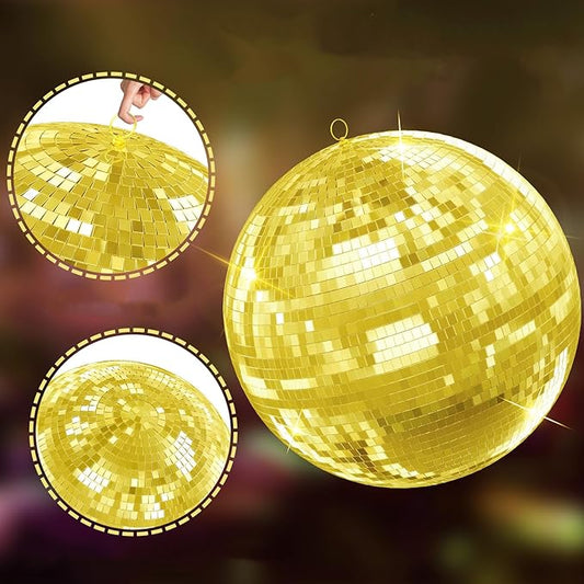 20 inch Gold Disco Ball, Hanging Mirror Disco Ball, Wedding Decoration Disco Light Ball, Stage Lighting Effect, 12/16/20 inch Home、Stage and Bar Glittering Decoration (20inch-Gold)