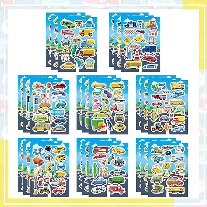 24 Sheets Transportation Car Stickers for Kids, 380+ Pcs Vehicle Stickers Bulk Preschool Sticker Sheets for Reward Craft Scrapbooking Water Bottles Gifts Bags Cards Decor