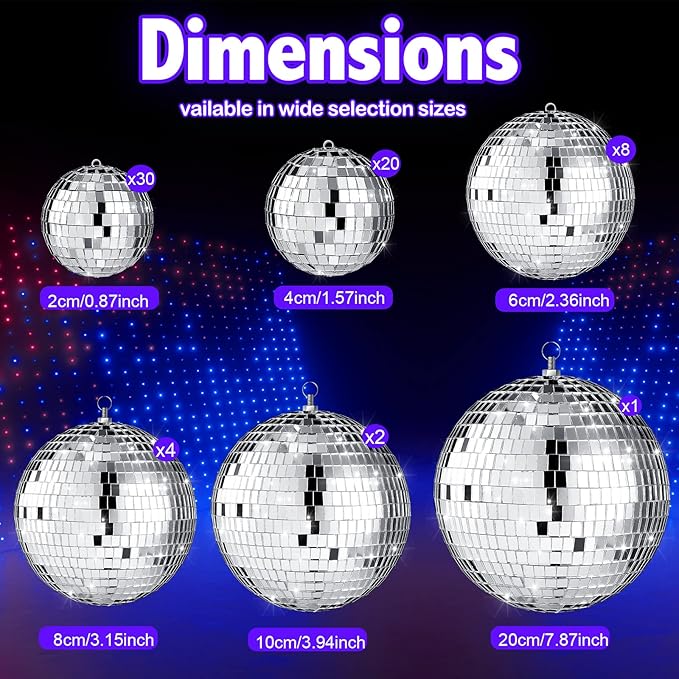 Hoolerry 65 Pcs Disco Balls Ornaments Reflective Hanging Disco Ball Decorations with Hook Assorted Silver Ball for Mardi Gras 70s Disco Themed Wedding Bachelorette Party(8/4/ 3.2/2.4/1.6/0.8 in)