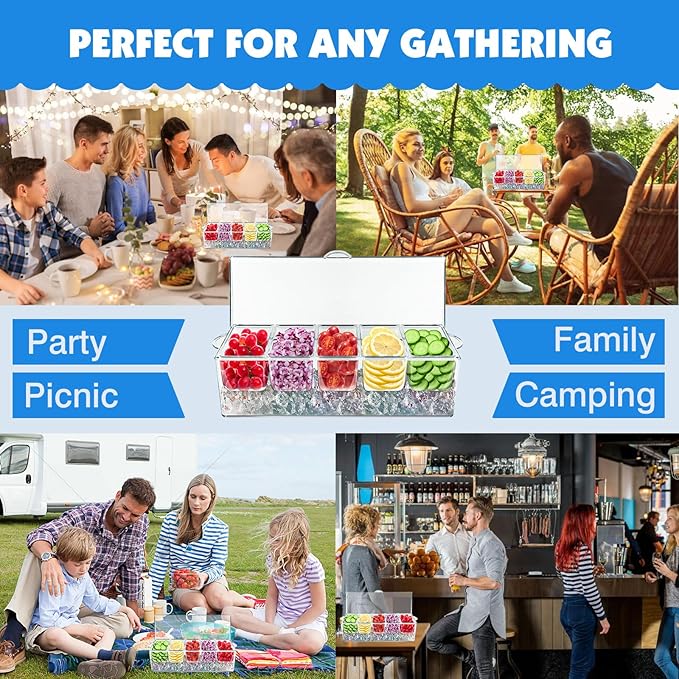 Chilled Condiment Server Tray, Bar Fruit Caddy with Lid and 5 Removable Compartments, Clear Ice Condiment Serving Tray for Party, Toppings Bar Container, Garnish