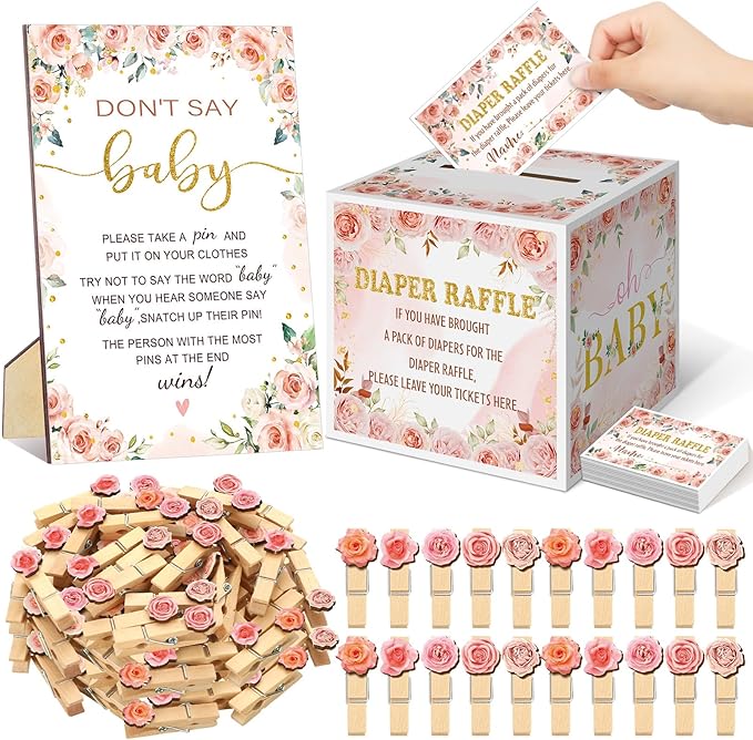 102 Pcs Floral Baby Shower Game Supplies Diaper Raffle Tickets with Diaper Raffle Card Box Don't Say Baby Sign Mini Floral Clothespin Game Decor for Gender Reveal Favor
